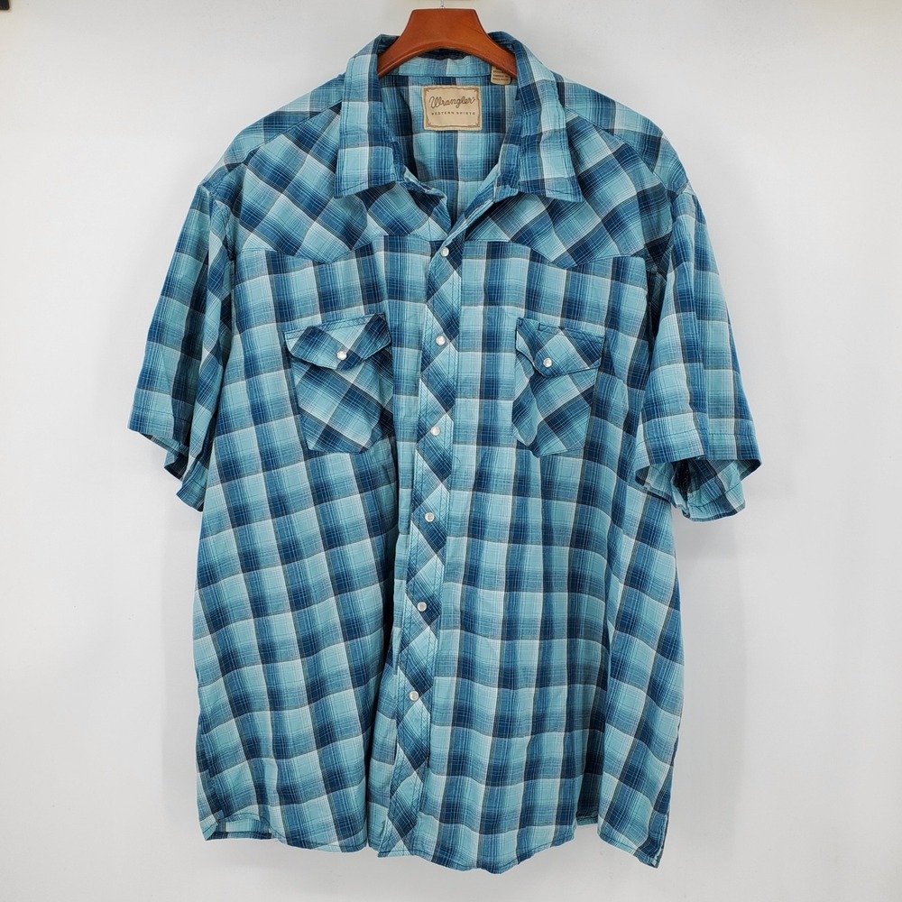 Wrangler Mens Blue Plaid Western Pearl Snap Short Sleeve Shirt 4XL Ranch Cowboy
